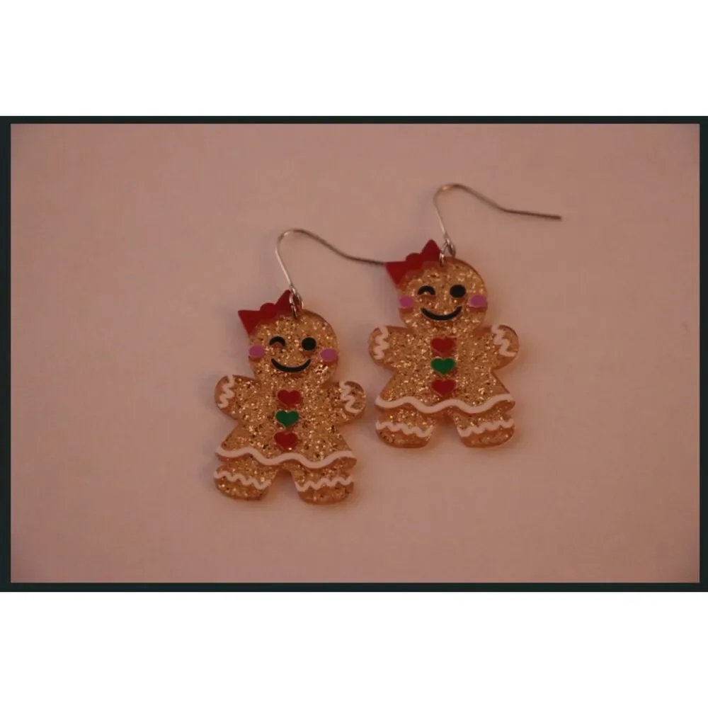 Glitter Gingerbread Holiday Earrings Gold Sparkle Cute
